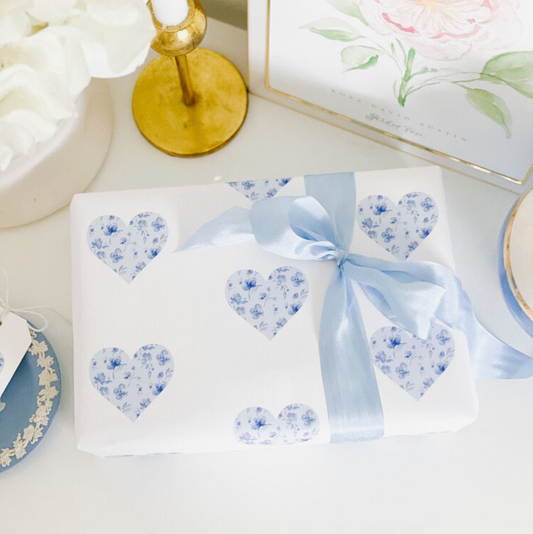 Blue Floral Heart Wrapping Paper